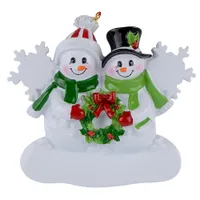 Snögubbe familj av 2 harts hängande julprydnader med blankt som hantverk souvenirer för personliga gåvor eller heminredning
