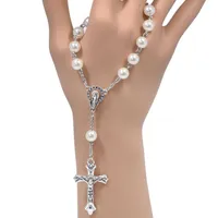 Rosario religioso Pulsera de cristal Perlas de perlas Brazalete Moda Cruz Pelente Pulseras para mujer Regalo de joyería Kimter-Q209FZ