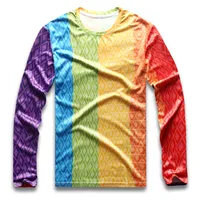 Camiseta de rayas de arco iris para hombres Raya vertical colorida para masculino Gay Pride Cuello redondo Manga larga Muchacho de secado rápido Muchacho otoño