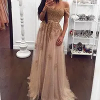 Ouro Vestidos de Baile 2019 fora do ombro A-Line Rendas De Lantejoulas Festa de Tule Maxys Longo Prom Vestidos Elegantes Vestidos de Noite vestidos de fiesta