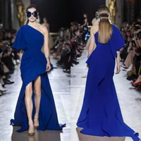 Elie Saab um ombro Evening Dresses com manga curta Azul Royal Hi Partido Prom Baixo Vestidos Boho Asymmetric Maxi Runway Occassion Skrits