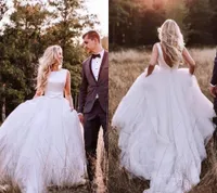 Western Country Satin A-Line Suknie ślubne 2019 Czeski Prosta Backless Tulle Spódnica Suknia Bridal Plus Size z kokardą Tanie Robe DE Małżeństwo