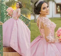 Pink Ball Gown Prom Quinceanera Klänningar Mexiko 2020 Pärlor Broderi Beaded Illusion Långärmad Tiered Skirt Sweet 16 Dress Vestidos DE