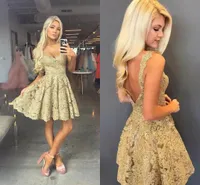 2020 Sexy Gold Full Lace Open Back Homecoming Dresses Дешевые Спагетти Выше Колена Коктейльное Платье Мини-Клуб Платья Выпускного Вечера