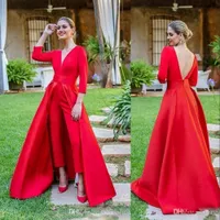 Sexy rood goedkope prom jurken pakken v-hals 3/4 lange mouwen satijnen open rug Arabisch met overskirts feestjurk formele avondjurken