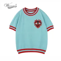 Warmsway Patrón de abeja Flores Apliques Crop Top Camiseta Suéteres Prendas de punto Top de verano 2019 Diseño de rayas de Corea B-103J190424