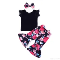 NWT Ins Yeni Sevimli Bebek Kız Yaz Kıyafetler 3 Adet Set Pamuk Dantel Üstleri Gömlek Yelek Gül Çiçek Pantolon Yay Bandı