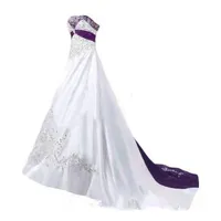 Robes de mariée violettes et blanches 2019 chérie Corset à lacets dos balayage train dentelle broderie église jardin robe de mariée pas cher