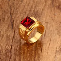 Pedra vermelha quadrada Hip-hop homens anel em aço inoxidável dourado gravete anéis de dragão homens jóias