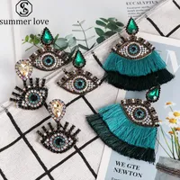 Bohemian Crystal Evil Blue Eyes Long Drop Earrings for Women Ethnic Trendy Tassel Statement Earrings Dangle Fashion Valentne&#039;s Day Jewelry-Z