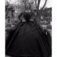 Vintage Black Gothic Długie rękawy Koronki Suknia Balowa Suknie Ślubne Tulle Aplikacja Zroszony Sweep Pociąg Bridal Suknie Ślubne Z Przyciskami