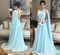 Light Sky Blue One Shoulder Evening Dresses with Cape Arabic Backless Chiffon Formal Dresses Sweep Train Formal Evening Party Gowns Wear