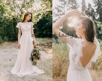 comprimento Polka Dot Lace Bohemian Vestidos Vintage completa Jewel delicado Pescoço Backless Rustic Country Garden vestidos de noiva
