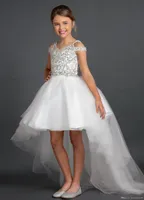 Bling Hi Low Cold Shoulder Girls Pageant Dresses With Sleeves A line Sparkly Beaded Crystal Tulle Kids Formal Party Flower Girl Dresses