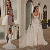 Pallas Couture Mermaid 2020 Overskirts Wedding Dresses With Detachable Train Lace Applique Beads Bridal Gowns Backless Country Wedding Dress