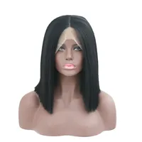 Seksi 14 inç Doğal Düz Saç Siyah Renk Kısa Bob Yüksek sıcaklık Saç Sentetik Dantel Ön Peruk Bebek Saç Siyah Kadınlar için Ucuz Peruk