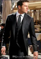 Black Stripe Man Work Business Suit Groom Wedding Tuxedos Mens Party Dresses Set (Kurtka + spodnie + kamizelka + krawat) J203