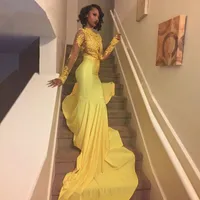 Sexiga afrikanska gula sjöjungfrun Prom klänningar 2019 Långärmade Lace Appliques Prom Dress Long Evening Party Gowns Vestido de Festa
