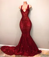 セクシーなVネックマーメイドのキラキラ赤いスパンコールブラックガールウエディングドレス2019エレガントな長いアフリカの女性フォーマルドレスイブニングパーティーガウン