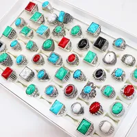 Vintage turquoise steen antieke zilveren ringen gesneden bloemen sieraden ringen voor mannen vrouwen partij huwelijksgeschenk