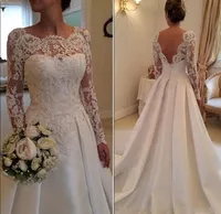 Sexy Long Sleeve Wedding Dresses A Line Sheer Neckline Backless Lace and Satin Bridal Plus Size Wedding Dresses HY347