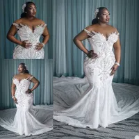 Plus Size Sukienka ślubna Vestido De Novia African Crystal Mermaid Bride Sukienki z długim pociągiem Sheer Neck Custom Made Suknie ślubne