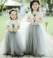 웨딩 파티 귀여운 두 조각 꽃의 소녀 드레스 세이지 그린 얇은 명주 그물 아이 드레스