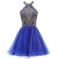 Halter Juniors Kokteyl Parti Elbiseler Kraliyet Mavi Altın Dantel Aplikler Mezuniyet Elbiseleri Kısa Tatlı 15 Gelinlik Modelleri