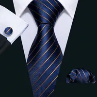 Hızlı Kargo Ipek Kravatlar Erkek 100% Tasarımcılar Moda Donanma Mavi Çizgili Kravat Hanky ​​Kol Düğmeleri Mens Resmi Düğün Parti Damat N-5032 Için Setleri