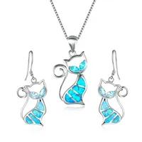 Cute Exquisite Kitten Blue Fire Opal Filled 925 Silver Pendant Necklace Earrings Women Fashion Glamor Wedding Animal Jewelry Set