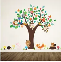 forest animals monkey play under flower tree wall sticker for kids baby nursery children room decorations decor home decal