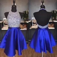 2019 Sexy Royal Blue Pailmined Homecoming Abiti a buon mercato Backless Halter Mini Cocktail Gown Short Prom Dresses da sera da sera
