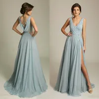 Latest Dusty Blue Bridesmaid Dresses V Neck Sleeveless Appliques Chiffon Draped Back Formal Prom Dresses with Side Split Wedding Party Gowns