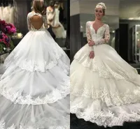 Glamorous Long Sleeve Lace Hollow Wedding Dresses Tiers Middle East Arabic African Ball Vestido de novia Bridal Gown Plus Size Custom
