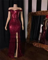 2020 Billiga Burgundy Sequin Mermaid Prom Klänningar African Black Girls Women Evening Party Gowns With Sexy Split Formal Gala Dress