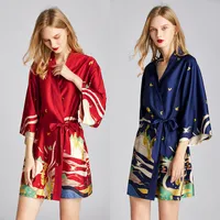 여성 잠옷 실크 가운 여름 여성 나이트 가운 roves 패션 홈 의류 Dunhuang 벽화 숙녀 Laies 와인 레드 네이비 블루