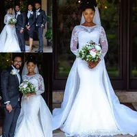 2020 South African Mermaid Wedding Dresses With Sweep Train Lace Sheer Long Sleeves Bridal Gowns Custom Made Wedding Dress
