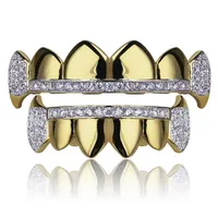 Gold Grillz مجوهرات الهيب هوب مشاوي طب الأسنان 2019 أزياء رائعة صاخبة الزركون 18 كيلو الذهب مطلي الأسنان الحمالات 2 قطعة مجموعة بالجملة