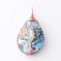 WOJIAER Tree of Life Rose Gold Metal Wire Wrap Water Drop Bead Necklace & Pendant Natural Abalone Shell Jewelry Chain 18 Inch W9310