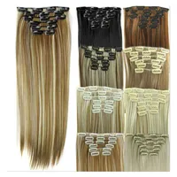 6 stks / set Synthetische Clip in Hair Extensions Straight Hair 24 inch 140G Synthetische Clip op Hair Extensions D1014