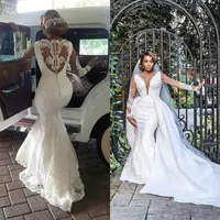 Sjöjungfru bröllopsklänningar med avtagbart tåg 2020 Luxury Lace Applique Beaded Långärmad Plus Storlek Bröllopsklänning