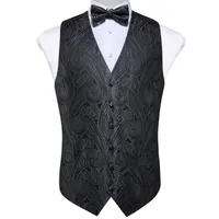 Stock in USA Men&#039;s Classic Black Paisley Silk Jacquard Waistcoat Vest Bow Tie Pocket Square Cufflinks Set Fashion Party Wedding MJ-0119