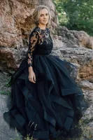 Vintage Buffy Black Wedding Dress A Line Tulle Koronki Panny młodej Sukienki Vestidos de Novia 2021 Aplikacje Gothic Długi Rękaw Dziecko Suknie ślubne