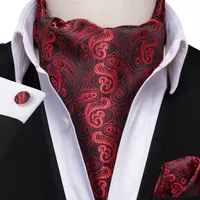 Schnelles Verschiffen Ascot männliche klassische rote schwarze Paisley-Cravat-Weinlese-Ascot-Taschentuch-Cuffflinks-Cravat-Set für Mens-Hochzeitsfeier AS-1002