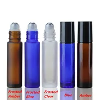 Farbige 10ml 1 3OZ Fragrances ROLL ON GLASS BOTTLE ESSENTIAL OIL Metall Roller Ball Container Frosted Bernstein Clear Blue mit Black Cap