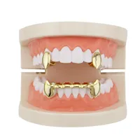 Venda por atacado lustroso cobre dental grillz punk vampiro dentes caninos conjunto conjunto de jóias hip hop mulheres homens banhado a ouro grelhados acessórios