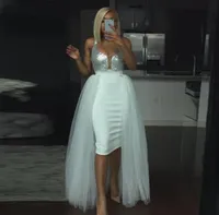 Moda branco curto Prom Dresses com coquetel Evening destacável overskirts Sexy V-decote Tulle Skirt Sequins Top vestido de festa