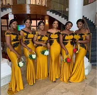 2019 New Country Beach Mermaid Gold Bridesmaid Dresses Plus Size Formal Dresses Vestidos De Dama De Honor Off Shoulder Evening Gowns