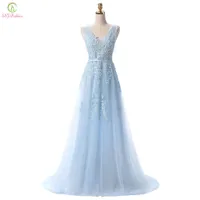 Ssyfashion hot sälja söt ljusblå spets v-neck lacing lång afton klänning bruden fest sexig backless prom klänningar anpassad