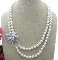 Handmade 7-8mm white freshwater cultured pearl micro inlay zircon accessories bowknot buckle flower sweater necklace long 50-53cm